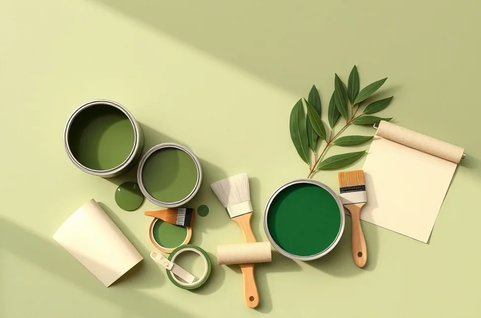 Pots de peinture, nuancier, brosses et rouleaux disposés à plat