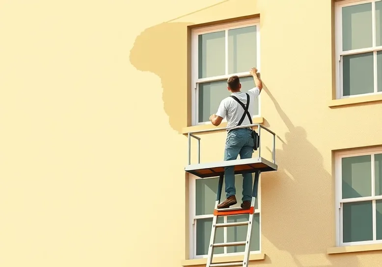 Peintre sur échafaudage traitant la façade d'une maison