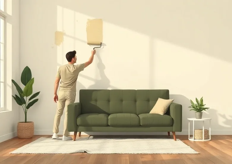 Peintre appliquant la peinture au rouleau sur un mur de salon